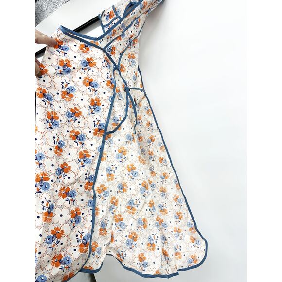 Vintage 60s 70s Floral Print Blue Orange Apron 1 pocket - Picture 3 of 3
